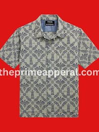 Men’s Olive Grey Indigo Jacquard Denim Camp Shirt Short Sleeve