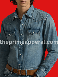 Men’s Western Fit Indigo Denim Shirt Snap Pockets & Polo Label