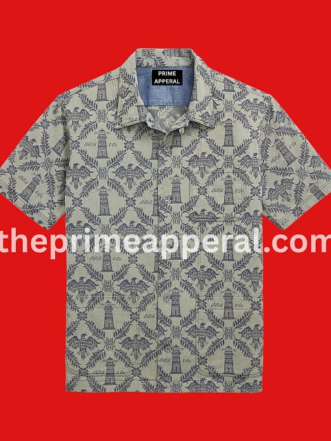 Men’s Olive Grey Indigo Jacquard Denim Camp Shirt Short Sleeve