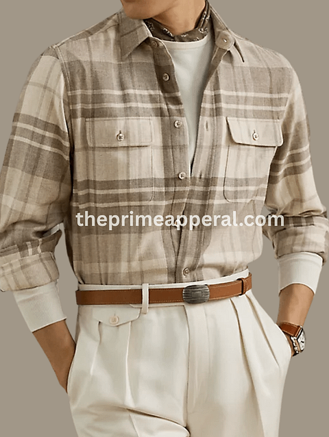 Luxury Truffle Plaid Cashmere Shirt